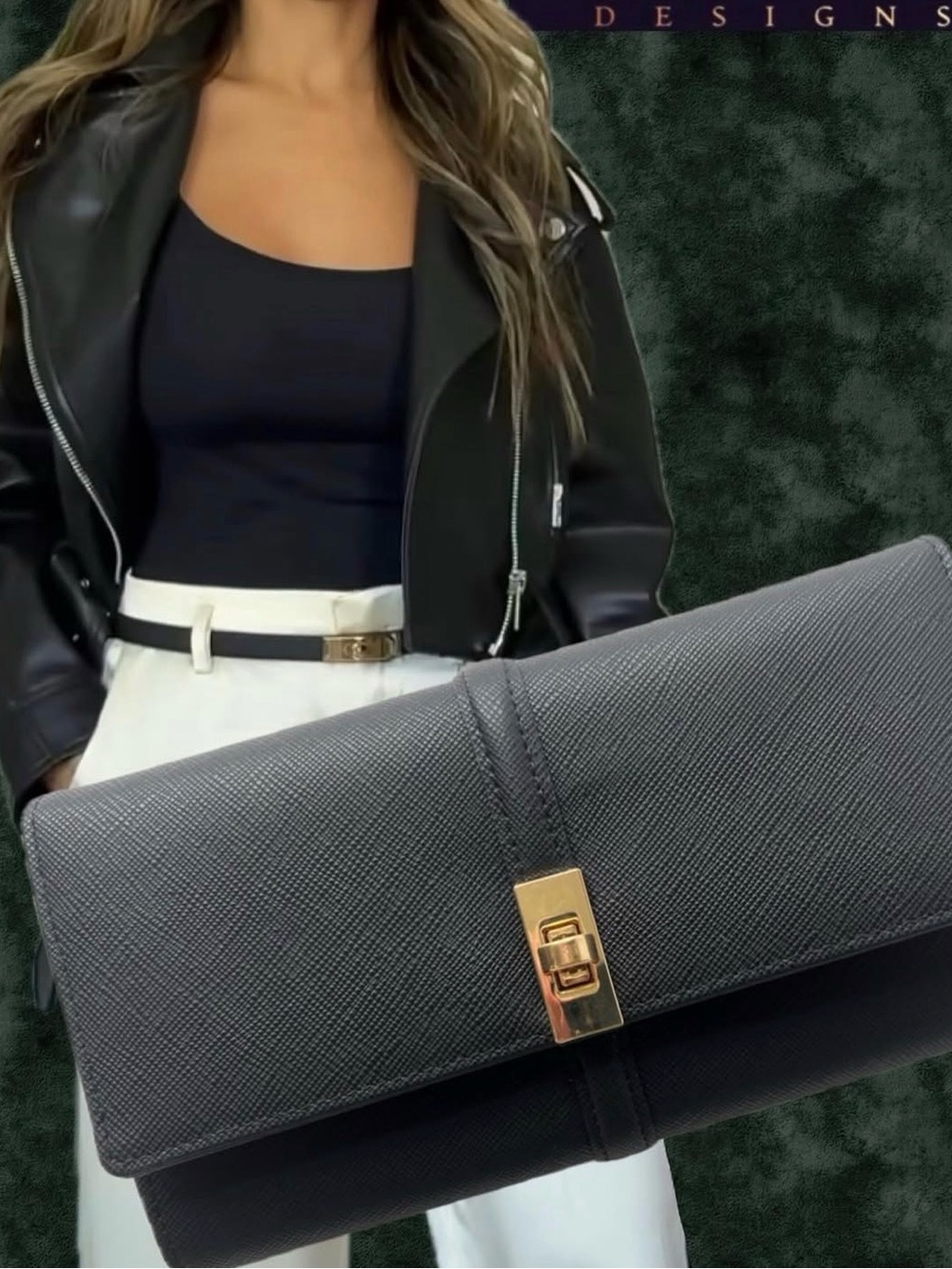 Classic Black Saffiano Italian Leather Clutch with Gold Turn-Lock. NWT